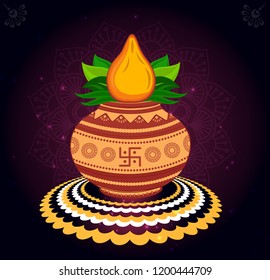 Vector Kalash Illustration with coconut & abstract Green Leaf