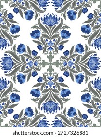 Padrão de caleidoscópio vetorial com flores de estilo folk em fundo branco. Ornamento de flor circular. Textura decorativa sem emenda com flores azuis e folhas para tecido, papel de parede, papel de embrulho