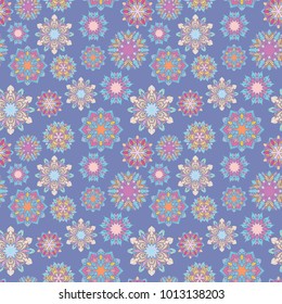 Vector Kaleidoscope Pattern
Seamless texture with Geometric bright colorful mandala shapes on blue background for wallpaper and textile design