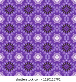 Vector kaleidoscope seamless pattern in brown, violet and white colors. Mandala geometric graphic print. Psychedelic design element for wallpaper, scrapbooking, fabric.