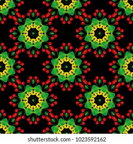 El calidoscopio vectorial es de color verde, negro y rojo. Impresión gráfica geométrica de Mandala. Elemento de diseño psicodélico para papel pintado, rayado, tela.