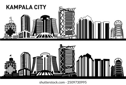 A vector of Kampala's iconic skyline silhouette, capturing the beauty of the city's most stunning buildings in a sleek, editable design perfect for creatives