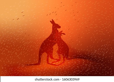 Vector Of Kangaroo Family Embracing In The Wild Fire Pray For Australia Concept