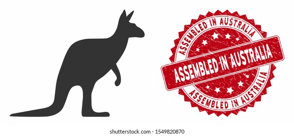 Vector kangaroo icon and distressed round stamp seal with Assembled in Australia caption. Flat kangaroo icon is isolated on a white background.