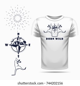 Vector kangaroo silhouette view side for retro logos, emblems, badges, labels template vintage design element. Isolated on t-shirt blank