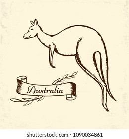 Vector kangaroo sketch and Austraia banner isolated on vintage paper 