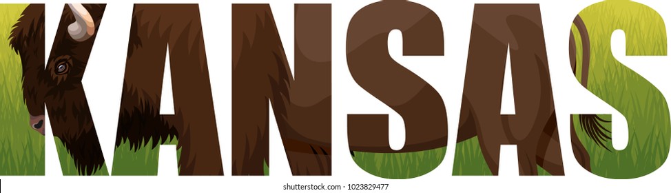 vector Kansas - American state word with zubr buffalo bison and grassland