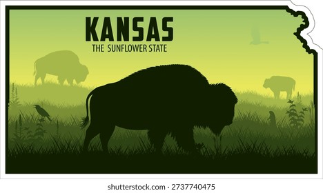 Vector Kansas sticker design with buffalo bison, Prairie dog, Western meadowlark and grassland