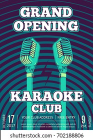 Vector karaoke club poster with retro microphones on radio signal circles background. Grand opening club illustration