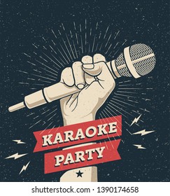 Vector karaoke party invitation flyer poster design template for your event. Hand holding microphone on dark background. Concept for a night club advertising Vintage styled vector illustration,