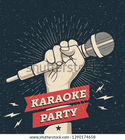 Vector karaoke party invitation flyer poster design template for your event. Hand holding microphone on dark background. Concept for a night club advertising Vintage styled vector illustration,