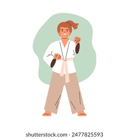 Vector de entrenamiento de karate. Un niño atleta en un kimono demuestra una pose de lucha y técnica. Entrenamiento de artes marciales para niños sobre un fondo blanco