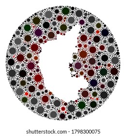 Vector Karnataka State map collage of coronavirus. Infection attacks the isolated territory from out space. Stencils circle Karnataka State map collage designed with infection icons.
