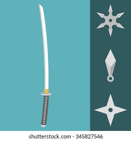 Vector katana sword and ninja weapons, shuriken, flat design