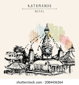 Vector Kathmandu, Nepal, Asia postcard. Gorgeous prominent venerable ancient Swayambhunath (Swayambhu temple). Travel sketch artistic drawing. Hand drawn touristic postcard