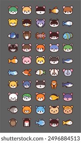 vector kawai set cute animal icon