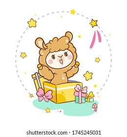 Vector kawaii alpaca in frame with stars, white background. Cute cartoon style, perfect for cards, posters, prints 