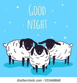Vector kawaii baby sheep illustration set, farm animals sketch. Hand drawn minimalistic ink drawing with group of baby lamb. Good night greeting card design