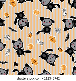 Vector kawaii background of Halloween-related objects and creatures.