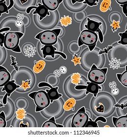 Vector kawaii background of Halloween-related objects and creatures.