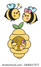 Abeja vectora kawaii e icono de abeja voladora para niños. Un par de insectos lindo y la ilustración de su casa. Graciosos personajes de dibujos animados de niños y niñas y colmena. Amor, familia o clipart de San Valentín
