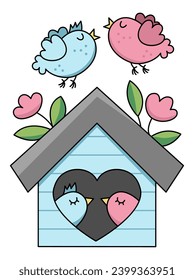 Vector kawaii birds and birdhouse icon for kids. Cute Easter, love or family symbol illustration. Funny cartoon character. Adorable bird pair and their house clipart 
