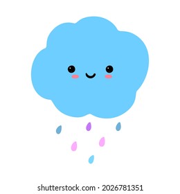 Vector Kawaii Blue Cloud With Rain in Cartoon Style Isolated on White Background. T-Shirt, Cloth Design Element.