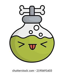 Vector kawaii bottle with green magic potion. Cute smiling Halloween character for kids. Funny autumn all saints day cartoon scary witchcraft element illustration. Samhain party icon for children
