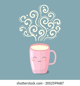 Vector kawaii bright colorful cute characters cup with emotion. Mug for tea, coffee, matcha, milk with beautiful curly swirl smoke. Modern vector illustration..