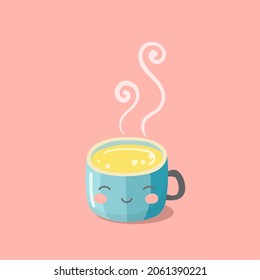 Vector kawaii bright colorful cute characters cup with emotion. Mug for tea, coffee, matcha, milk with beautiful curly swirl smoke. Modern vector illustration. Yellow juice in blue cup.