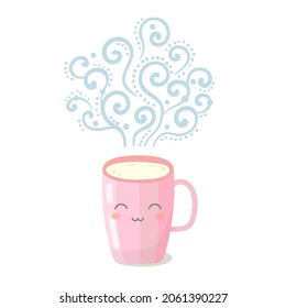 Vector kawaii bright colorful cute characters cup with emotion. Mug for tea, coffee, matcha, milk with beautiful curly swirl smoke. Modern vector illustration..