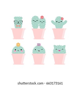 Vector Kawaii Cactuses With Funny Faces In Pink Pots