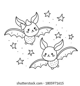 Vector kawaii cartoon bats. Halloween coloring page for children. Night sky with stars.