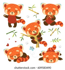 vector kawaii cartoon style red panda set 