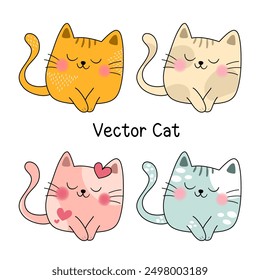 Vector of a kawaii cat art style, each with a sweet smile and rosy cheeks, sitting calmly