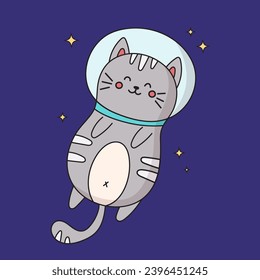 Vector kawaii cat astronaut character flying in space. Greeting card clip art for birthday party flyer, kids print texture and baby shower