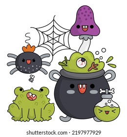 Vector Kawaii Cauldron With Frog, Potion, Mushroom And Spider On The Web. Cute Halloween Scene With Characters. All Saints Day Illustration. Funny Trick Or Treat Party Concept For Kids
