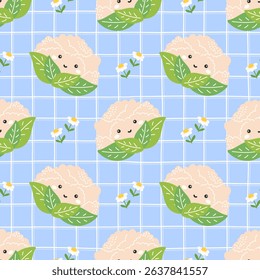 Vector kawaii cauliflower Seamless pattern with cute faces. Perfect for kids clothing, healthy food packaging, or playful textile designs