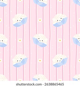 Vector kawaii cauliflower Seamless pattern with cute faces. Perfect for kids clothing, healthy food packaging, or playful textile designs