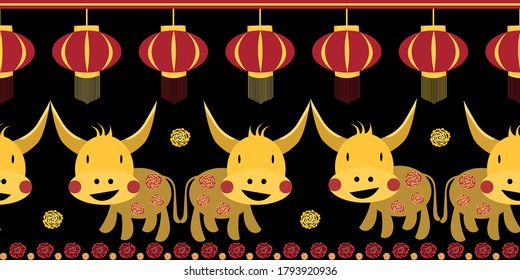 Vector Kawaii Chinese new year of the ox border background. Cute zodiac bull, lanterns, cut out peonies black,red bold banner.Symbol of 2021 on the calendar. Happy celebration concept for print.