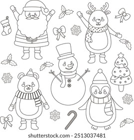 Vector kawaii Navidades personaje para colorear página para niños. Actividad imprimible de vacaciones de invierno. Colorea el contorno de Navidad personaje santa deer muñeco de nieve del oso del pingüino. Ilustración vectorial de Nuevo Año.