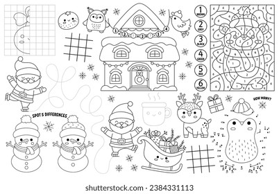 Vektor kawaii Weihnachtsfeier für Kinder. Winterurlaub druckbare Aktivitätenmatte mit Labyrinth, tic Zehendiagramm, verbinden Sie die Punkte, finden Sie Unterschied. Schwarz-Weiß-Winterspielmatte oder Farbseite