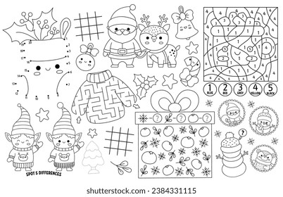 Placa de Navidad vector kawaii para los niños. Grapa de actividad imprimible de vacaciones de invierno con laberinto, tac tac tac tac tac, conectar los puntos, encontrar la diferencia. Mat o página de color de juego en invierno blanco y negro
