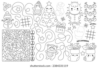 Vector kawaii Christmas placemat for kids. Winter holiday printable activity mat with maze, tic tac toe chart, connect the dots, find difference. Black and white winter play mat or coloring page