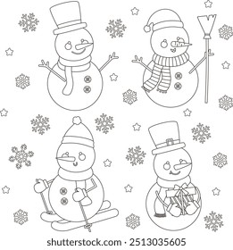 Vector kawaii Christmas snowman coloring page for kids. Winter holiday printable activity. Color the contour Xmas character. New Year vector illustration.