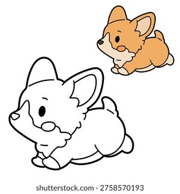 vector kawaii corgi dog, shown as coloured and black outline versions. Coloring and colouring page style vector illustration isolated on light background.