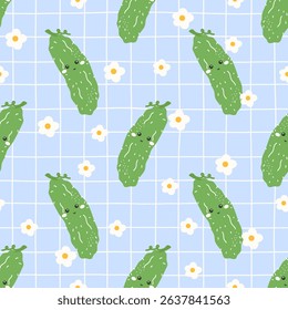 Vector Kawaii cucumber seamless pattern with flowers and cheerful vibes. Great for wrapping paper, kids fashion, or organic food branding