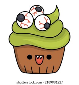 Vector Kawaii Cup Cake With Green Cream And Eyes. Cute Smiling Halloween Character For Kids. Funny Autumn All Saints Day Cartoon Dessert For Trick Or Treat Game. Samhain Party Icon For Children
