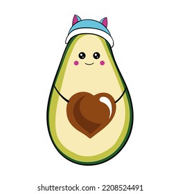 vector kawaii lindo aguacate con una sonrisa, con un hueso cardíaco