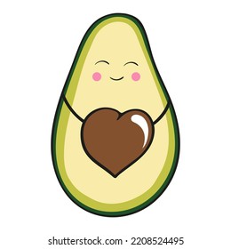 vector kawaii cute avocado with a smile, with a heart bone